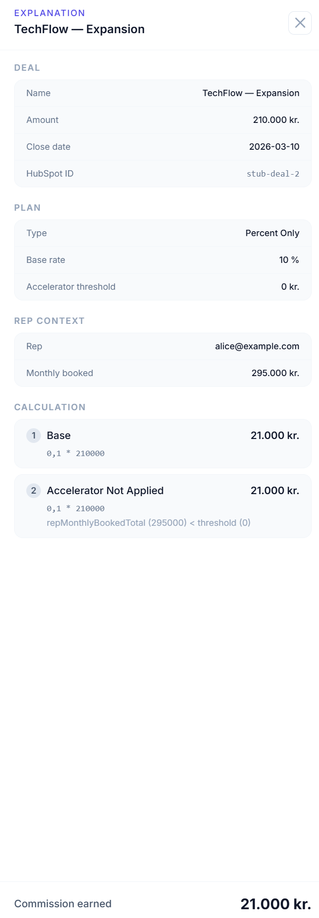 Per-deal explanation showing formula steps and commission earned