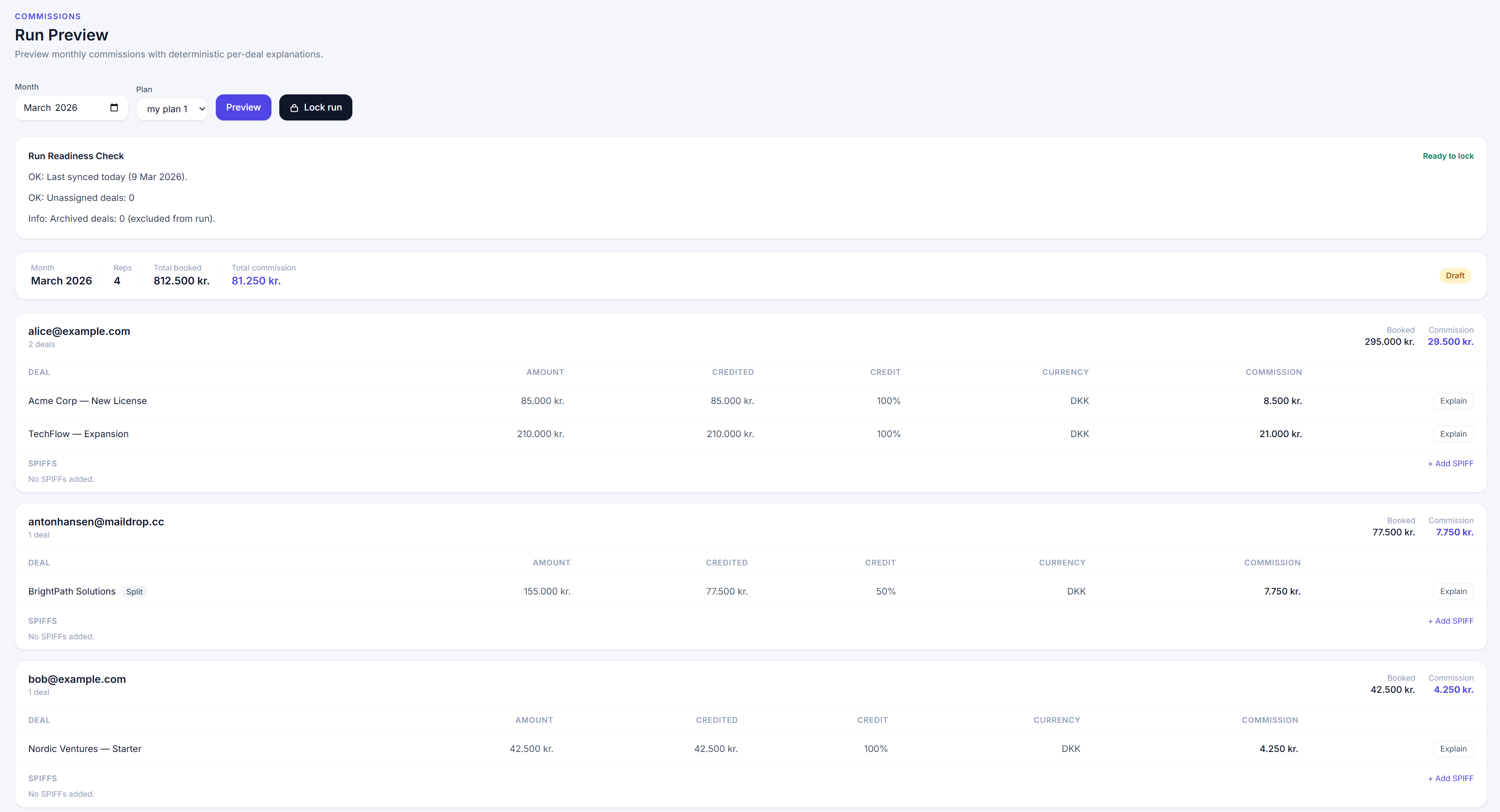 Commission Run Preview showing per-rep deal breakdown with Explain buttons